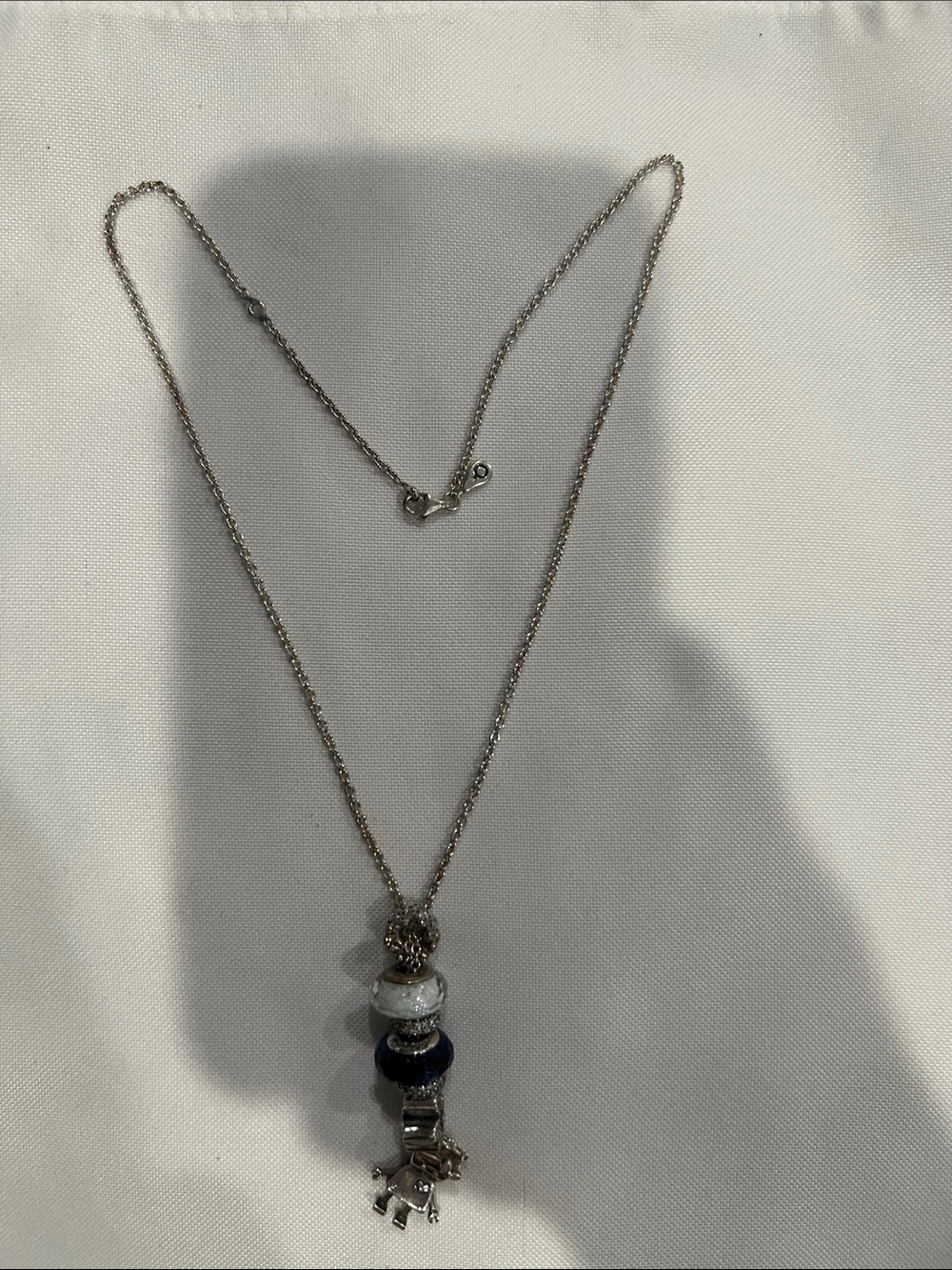 Pandora Silver Necklace with Blue and Silver Beads and Elephant Charm